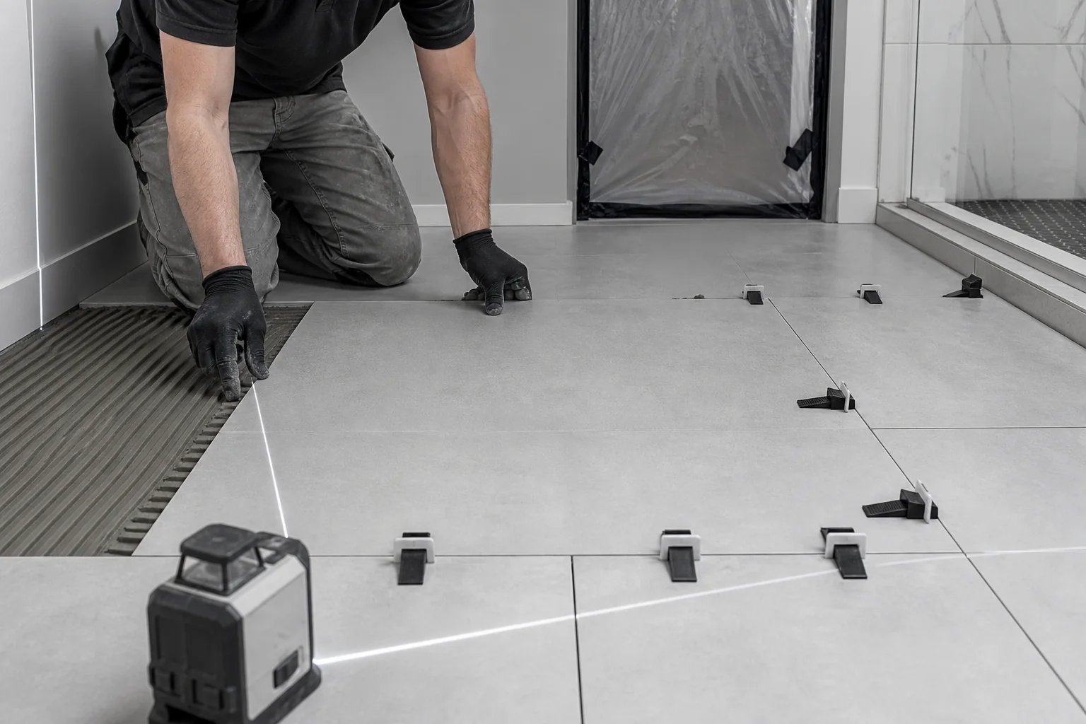 Floor tile being set in a Cape Cod home