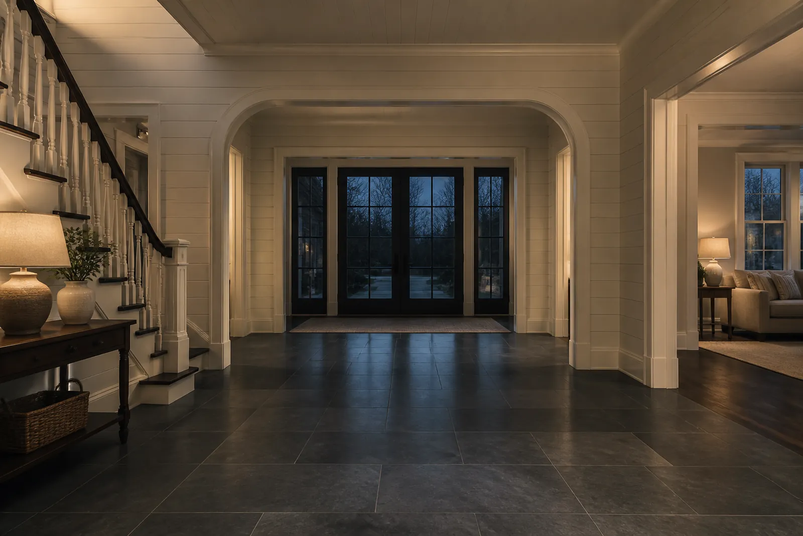 Porcelain tile floor installed in a Cape Cod entryway