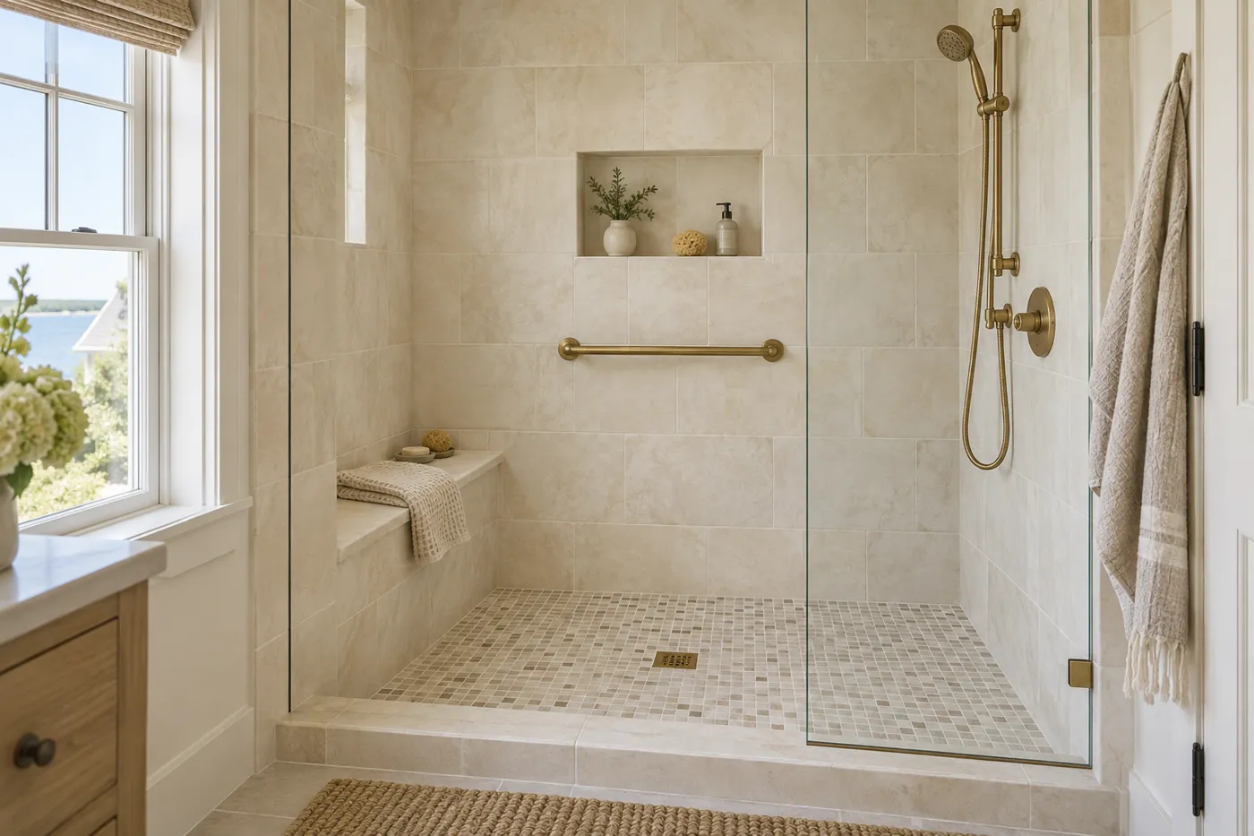 Illustrative accessible tiled shower with bench and niche in East Harwich, MA