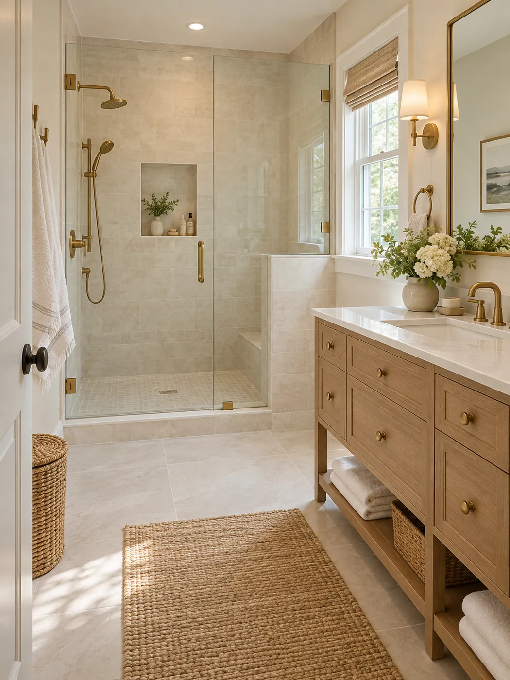 Illustrative Cape Cod bathroom with tile shower, oak vanity and brass fixtures