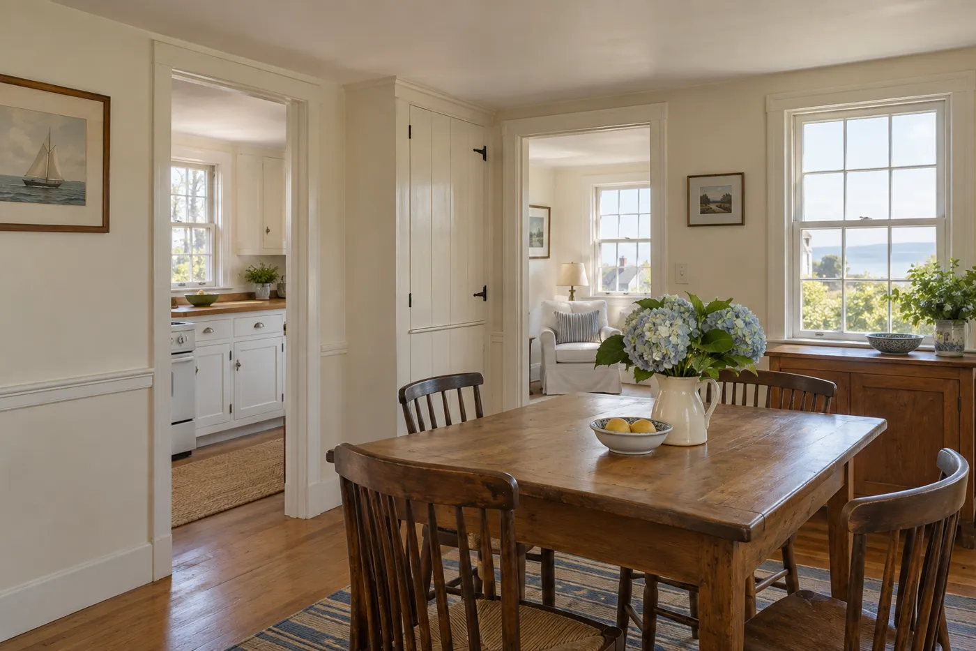 Illustrative painted mid-century cottage interior in Dennis, MA