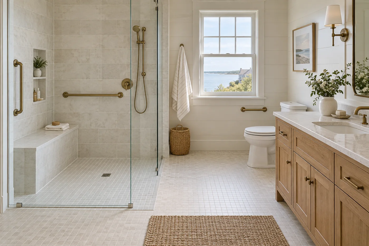 Illustrative accessible bathroom with zero-threshold shower and grab bars in East Harwich, MA