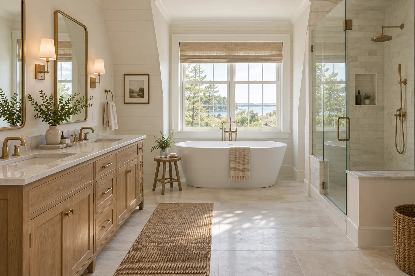 Illustrative primary bathroom with double vanity and freestanding tub in East Harwich, MA