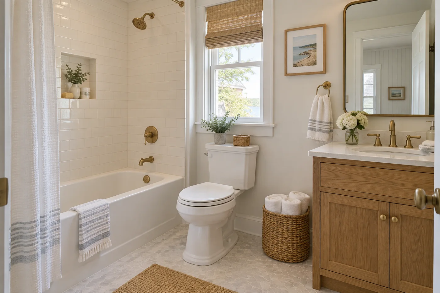Illustrative Cape Cod guest bathroom with tub and shower in East Harwich, MA
