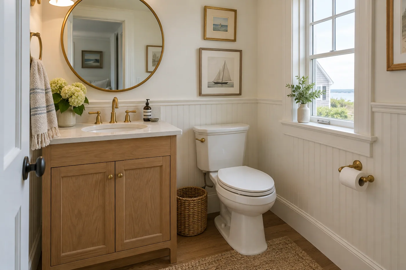 Illustrative compact half-bath with oak vanity in East Harwich, MA