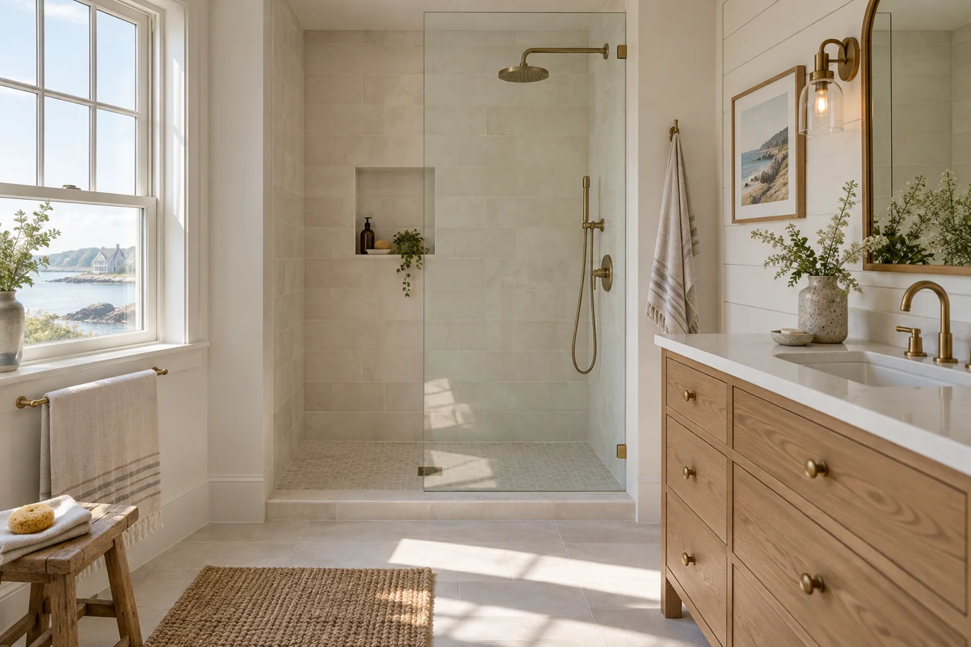 Illustrative tub-to-shower conversion with ivory tile and oak vanity in East Harwich, MA