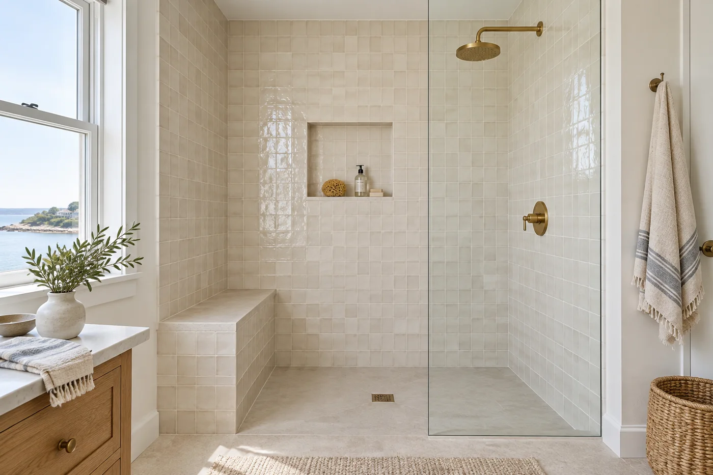 Illustrative walk-in tile shower with bench and brass fixtures in East Harwich, MA