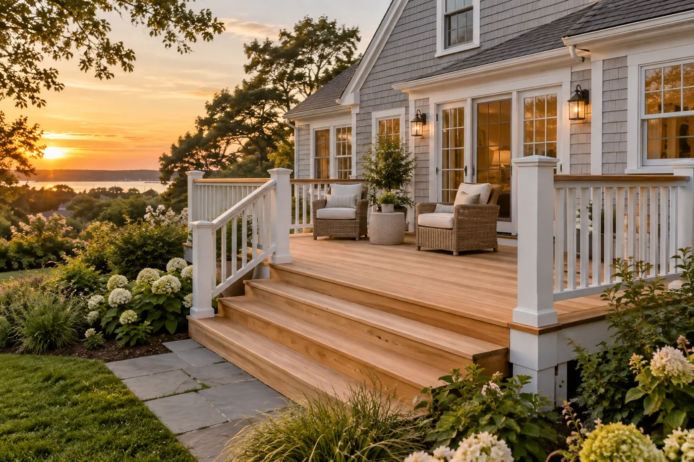 Illustrative cedar deck beside a Cape Cod cottage
