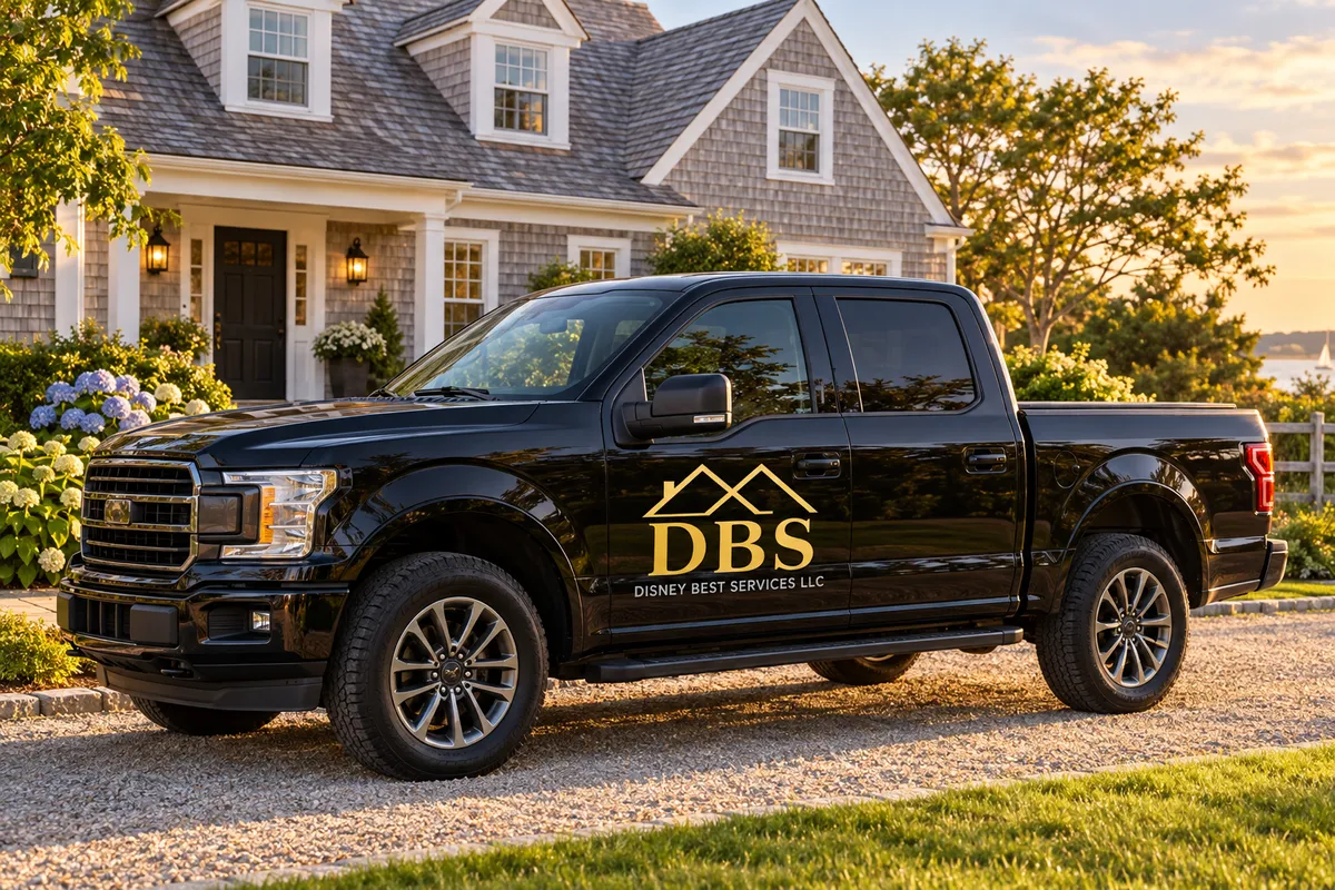 Illustration of a black pickup with the gold DBS logo parked in front of a Cape Cod home