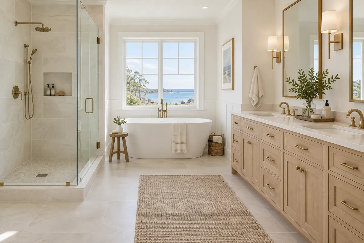 Illustrative Cape Cod bathroom with ivory tile, oak vanity and brass fixtures