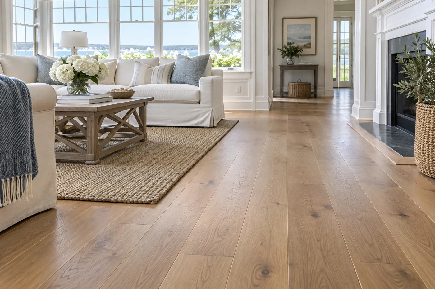 Illustrative oak flooring in a coastal living room