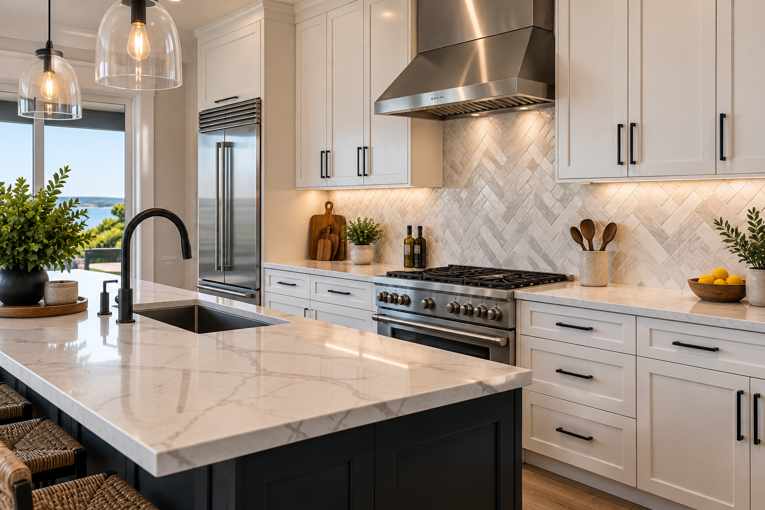 Illustrative tiled kitchen backsplash in a Cape Cod kitchen