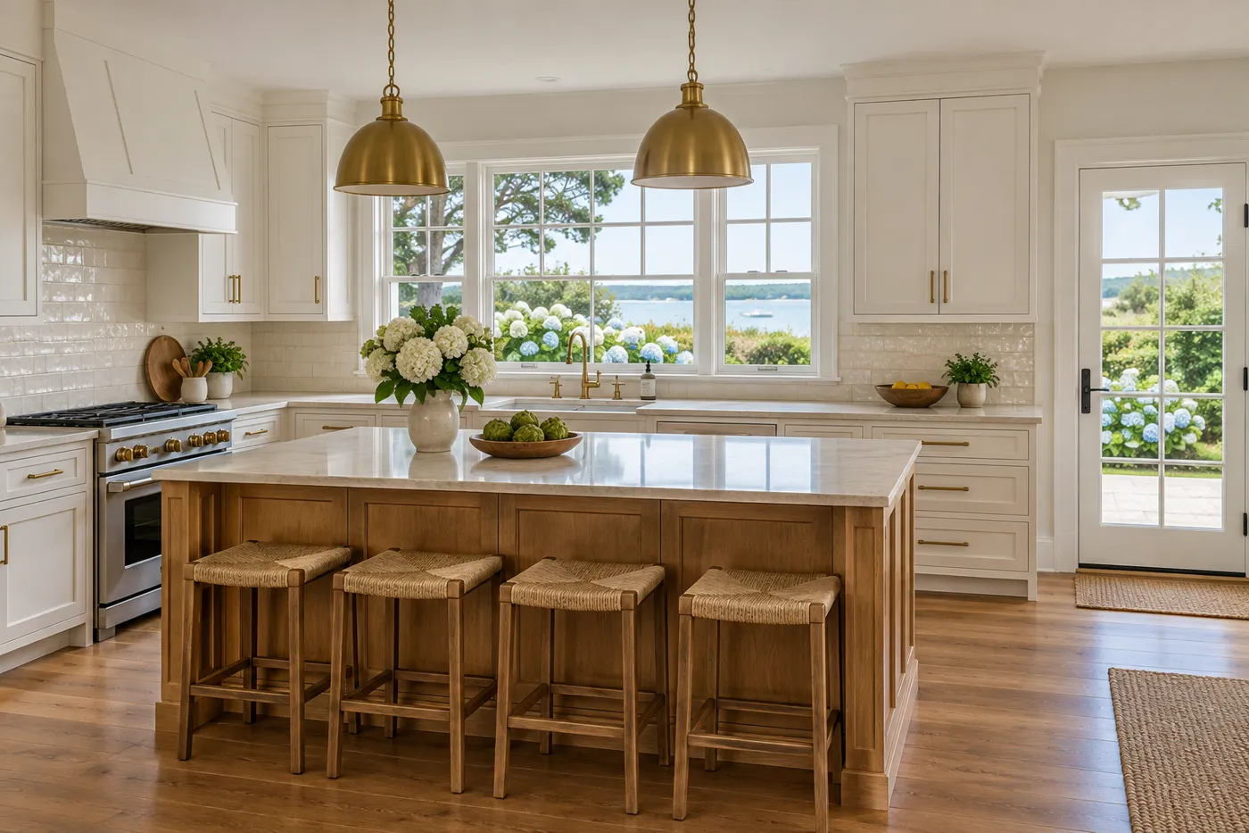 Illustrative Cape Cod kitchen with white cabinets and oak island
