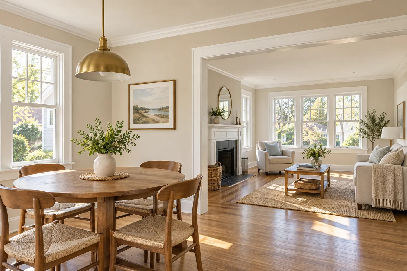 Illustrative freshly painted coastal interior with white trim