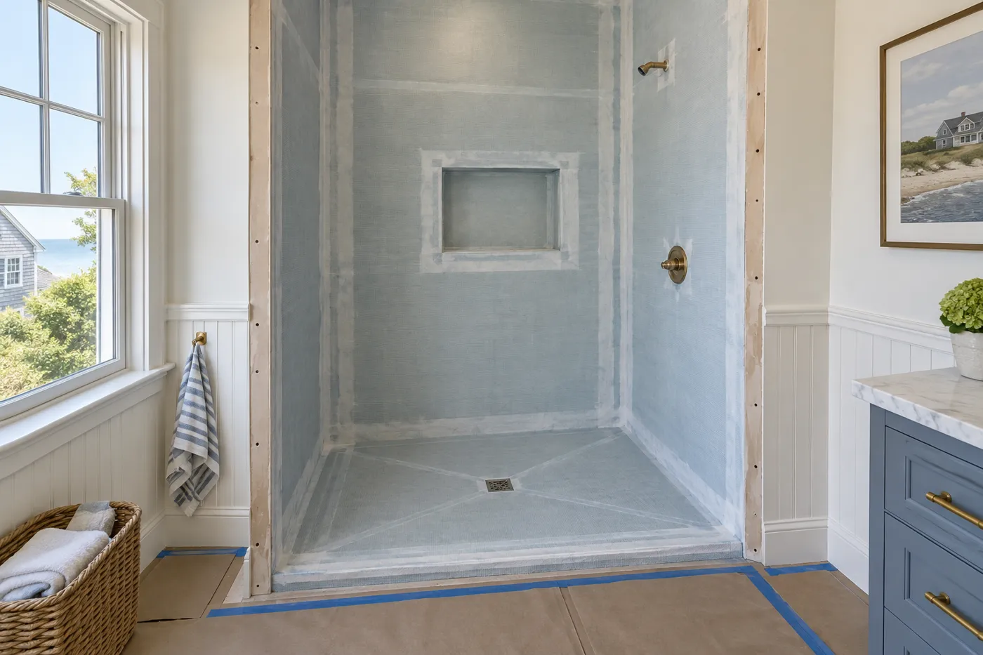 Illustrative shower waterproofing stage in East Harwich, MA
