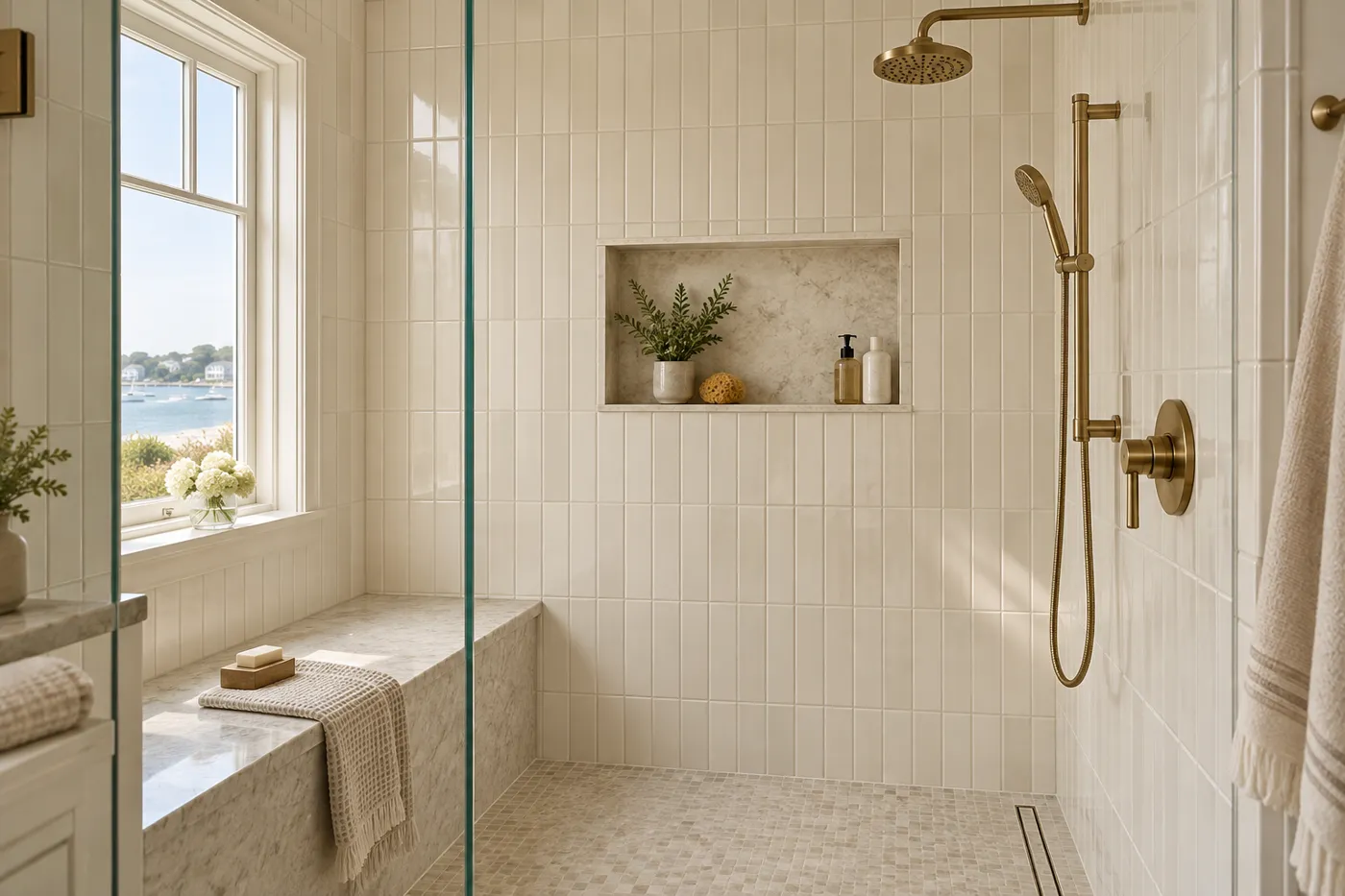 Illustrative shower tile with recessed niche and brass fixtures