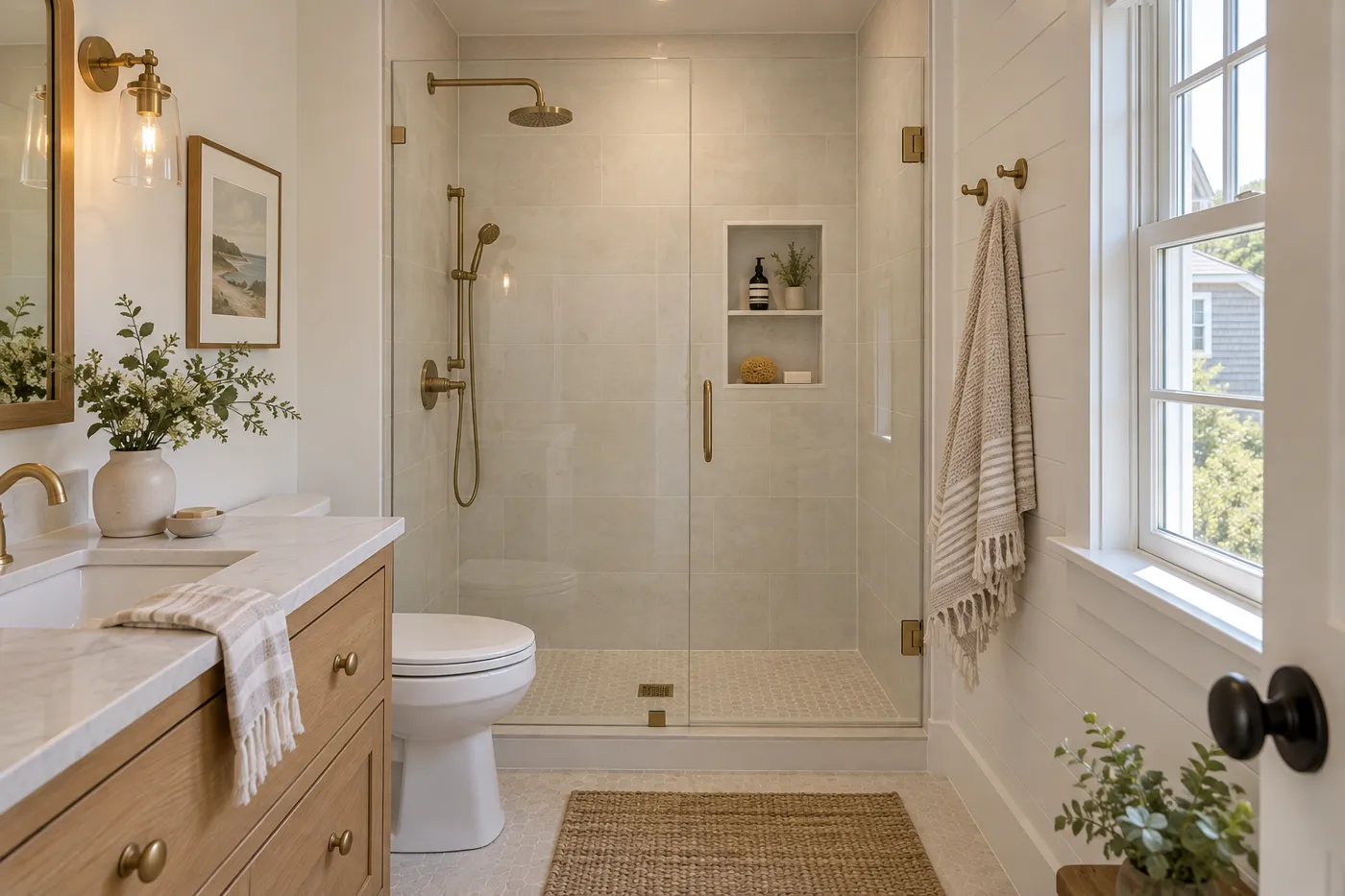 Illustrative tub-to-shower conversion with ivory tile in East Harwich, MA